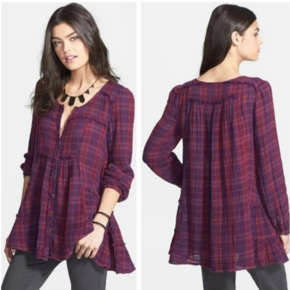 Free People Whistle While You Work plaid gauze button up swingy babydoll top